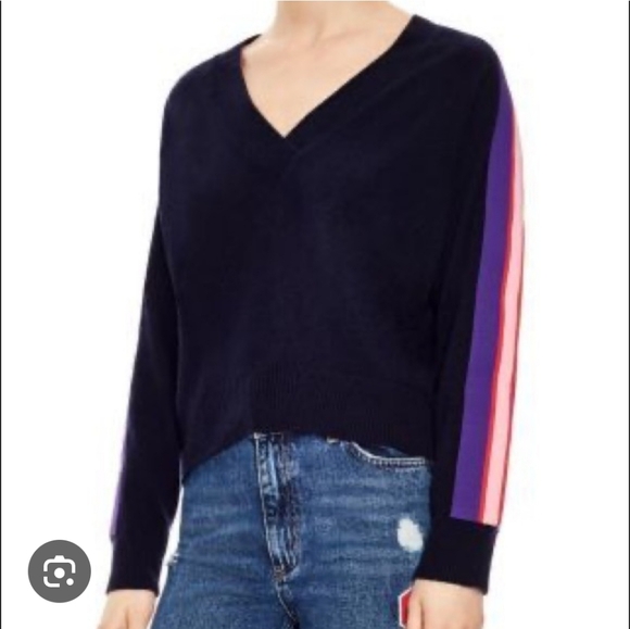 Sandro Paris super soft oversized Navy v-neck fluorescent stripe sleeve 3 L - Picture 1 of 9